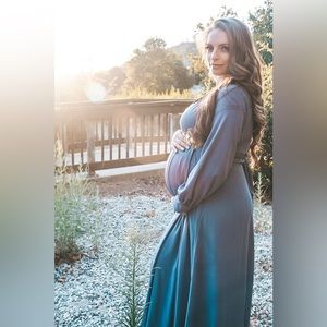 Blue Chiffon Long Sleeve Pleated Maxi Dress